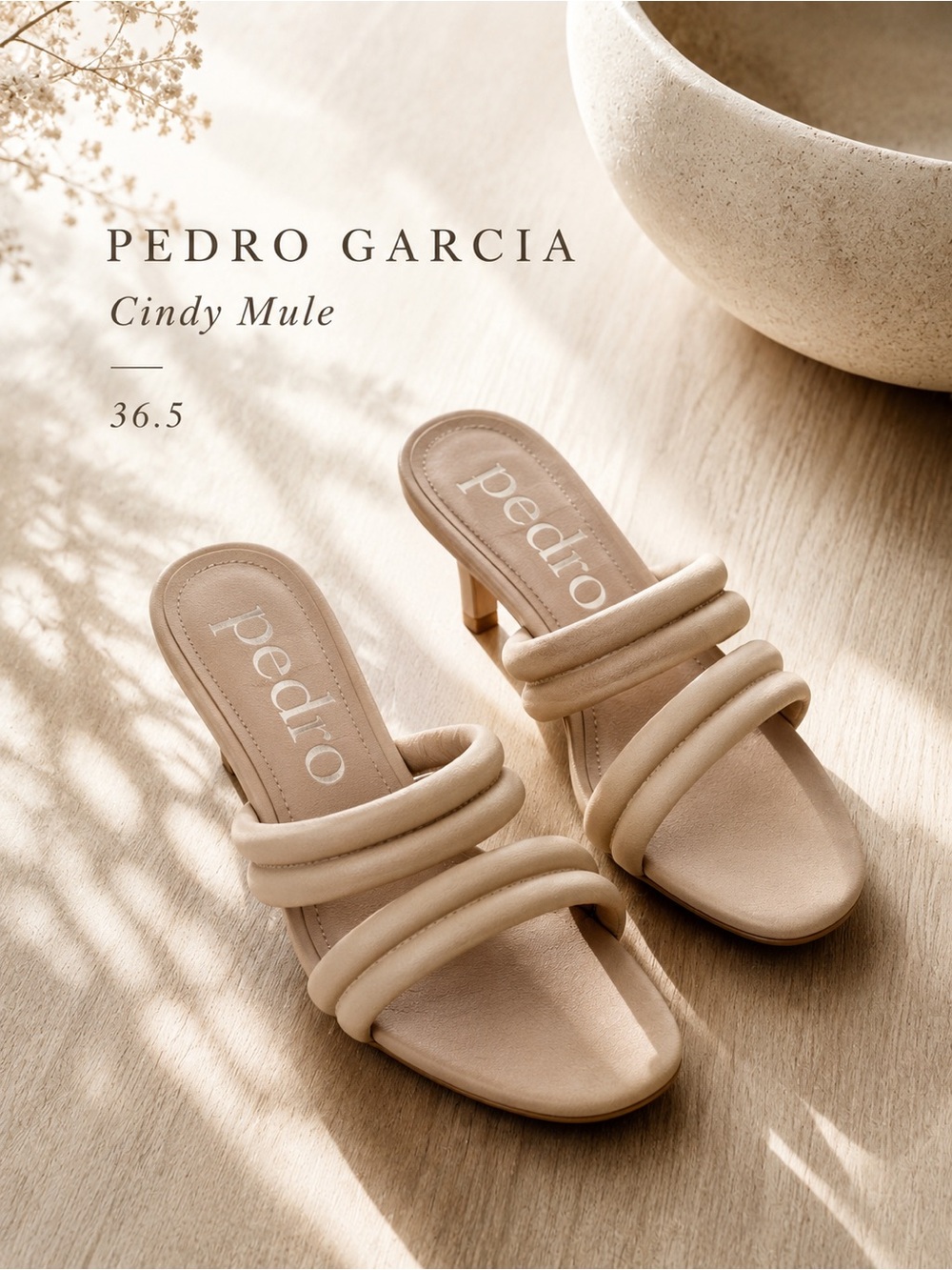 Pedro Garcia Cindy Leather Triple Strap Mule Sandals Beige Kitten Heel Size 36.5
